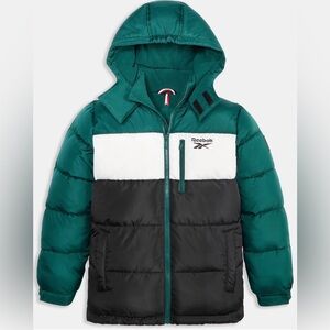Reebok Hooded Puffer Jacket Forest Green/Black/White Size Boys 18-20